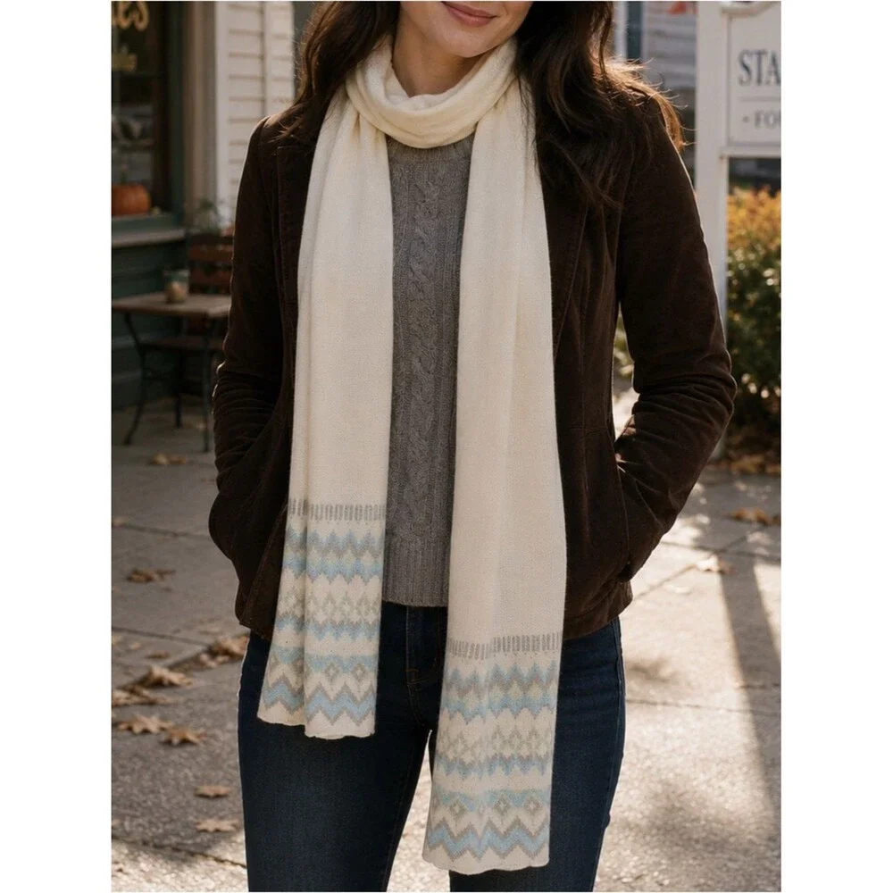 Chico's Fall Winter Scarf Ivory and Ice Blue Pattern 100% Rayon cozy soft NEW